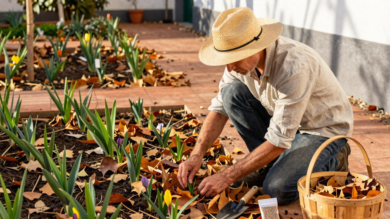 Homem de chapéu a cuidar de plantas num jardim com folhas caídas e cesta de madeira ao lado.