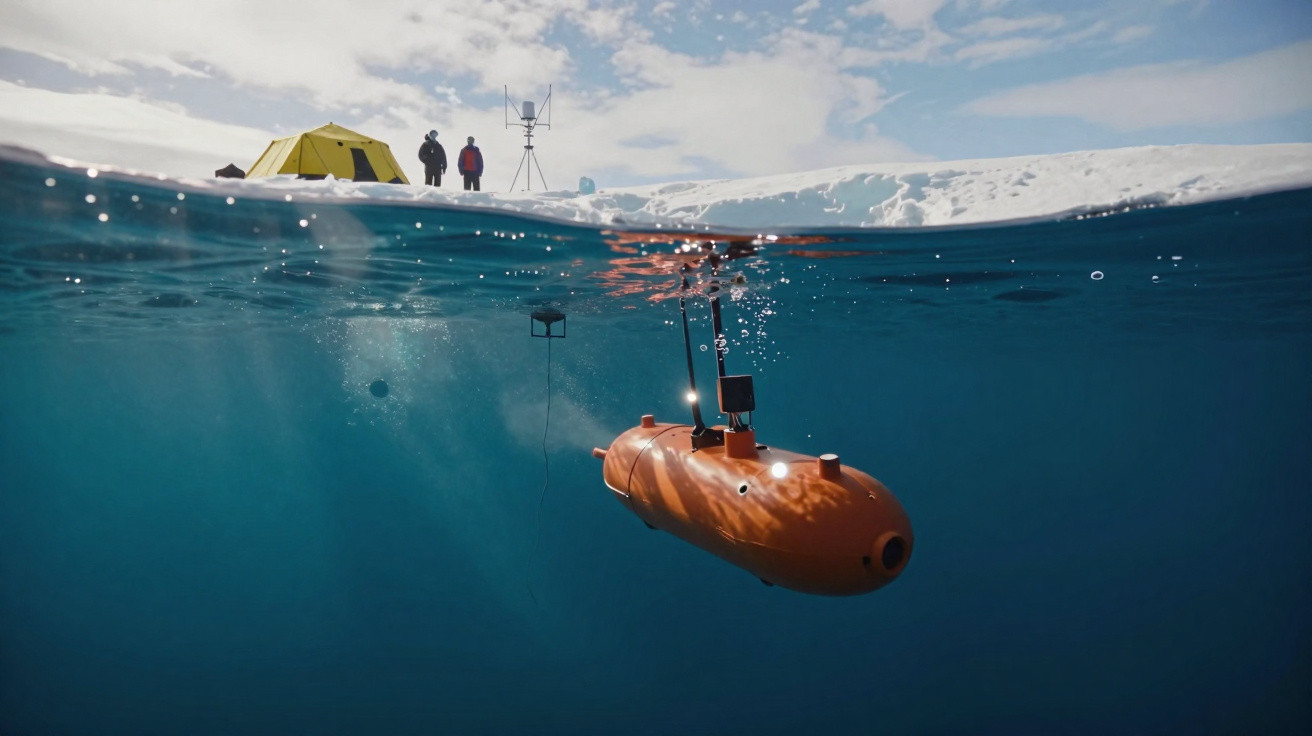 Submarino laranja a meio da água perto de tenda amarela e pessoas numa paisagem nevada.