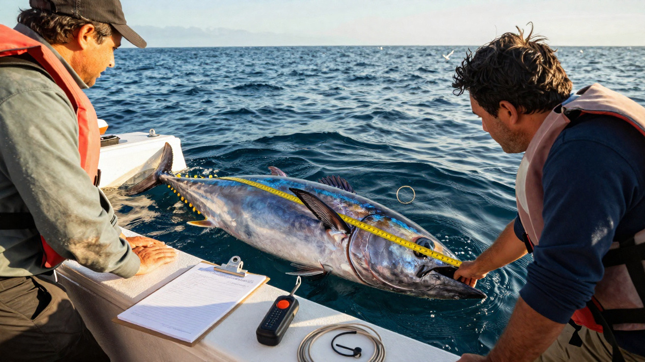 Dois pescadores medem um atum gigante numa embarcação no mar aberto numa manhã ensolarada.