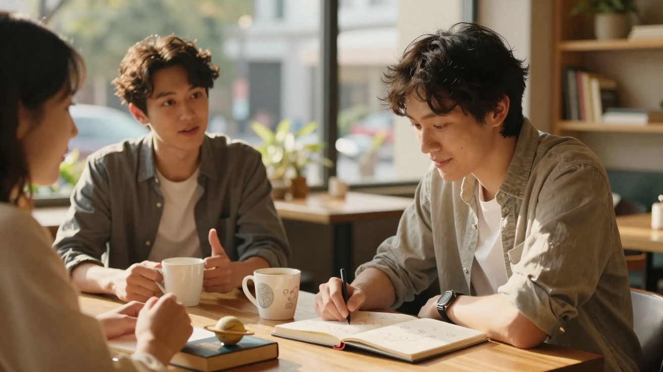 Três jovens sentados à mesa de café, um escreve num caderno enquanto os outros conversam e tomam café.