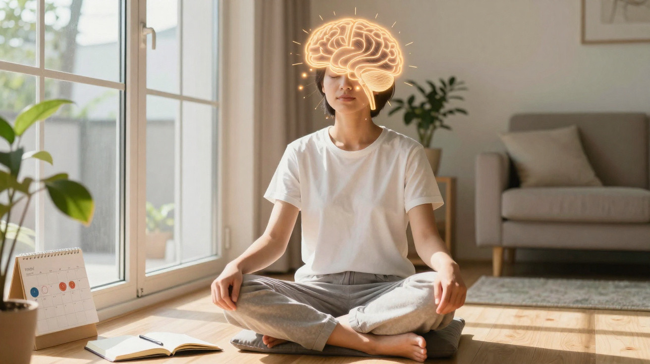 Pessoa sentada em posição de meditação com ilustração luminosa de cérebro acima da cabeça, num ambiente calmo.