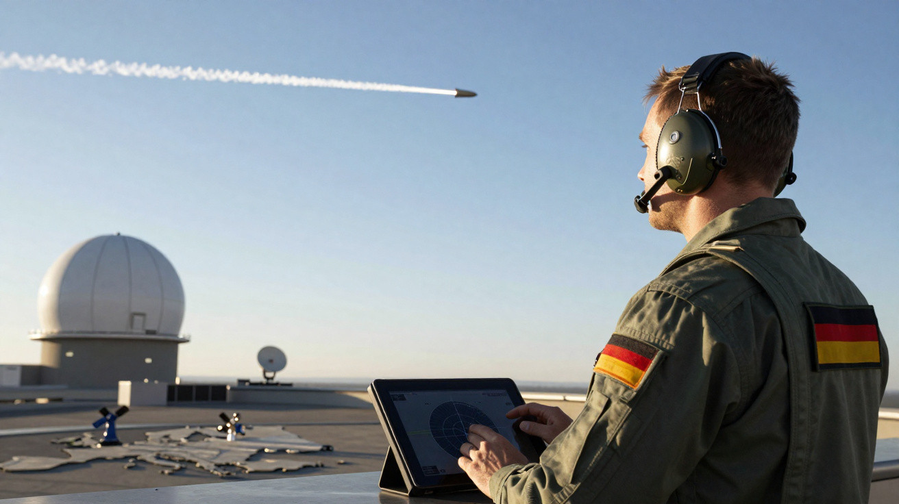 Militar alemão com auscultadores a monitorizar lançamento de míssil usando tablet numa plataforma ao ar livre.