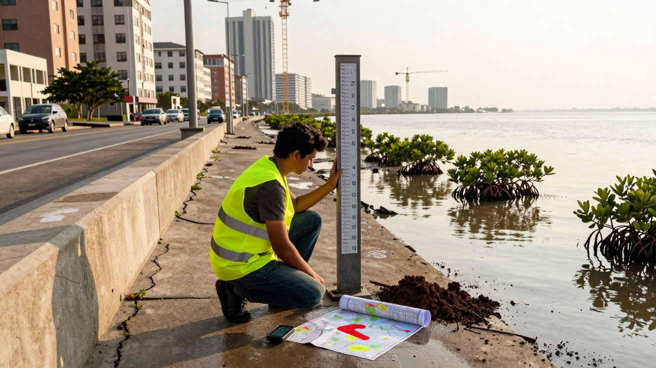 Homem com colete refletor mede nível de água junto a mapas e solo numa margem urbana com manguezais.