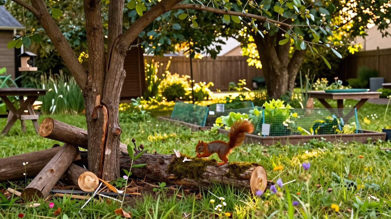 Esquilo castanho em tronco caído num jardim com árvores, flores e canteiros de cultivo ao fundo.