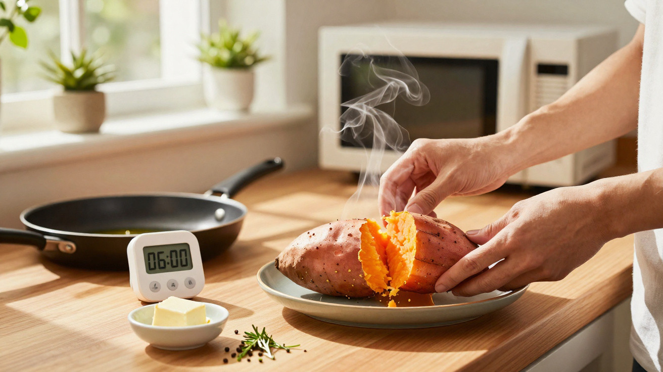 Mãos a partir uma batata-doce quente e fumegante numa cozinha iluminada a luz natural.