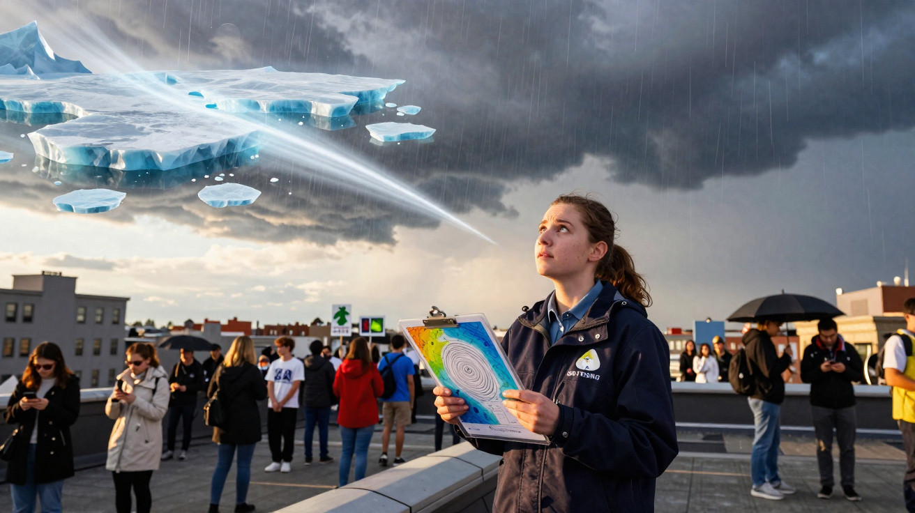 Mulher observa iceberg derretendo, equipada com fato e prancha, em evento público contra alterações climáticas.