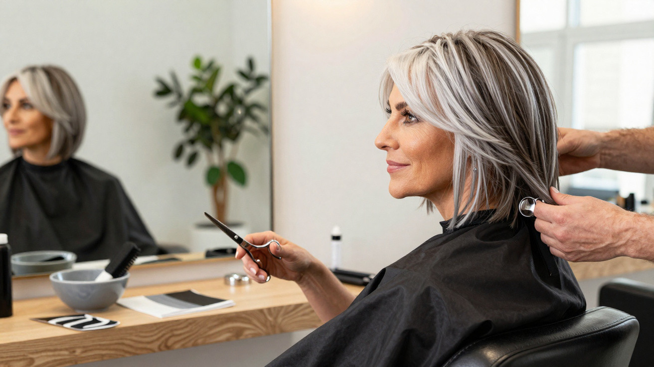 Mulher de cabelo curto cinza prepara-se para cortar o cabelo num salão de beleza.