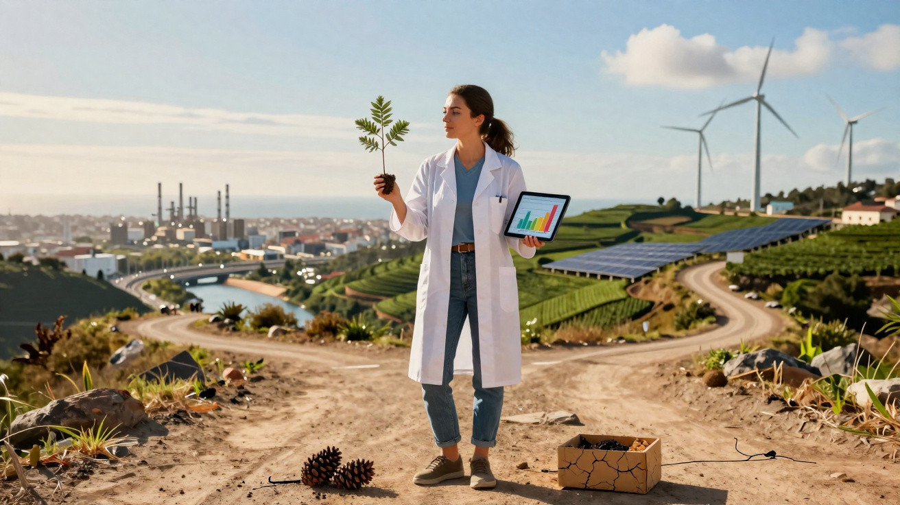 Cientista de pé em terreno rural com muda na mão e tablet, turbinas eólicas e painéis solares ao fundo.