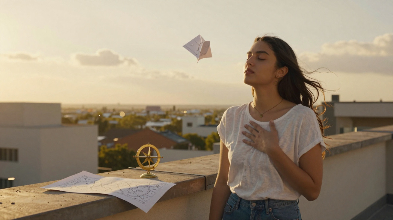 Mulher de olhos fechados a respirar fundo num terraço com mapa, bússola e origami ao entardecer.