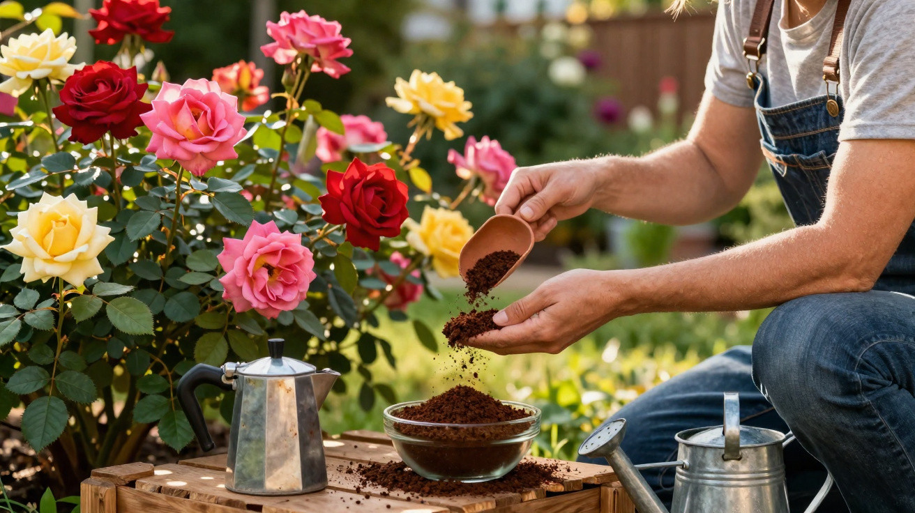 Pessoa a colocar terra num jardim com rosas coloridas, um regador e uma cafeteira metálica ao lado.