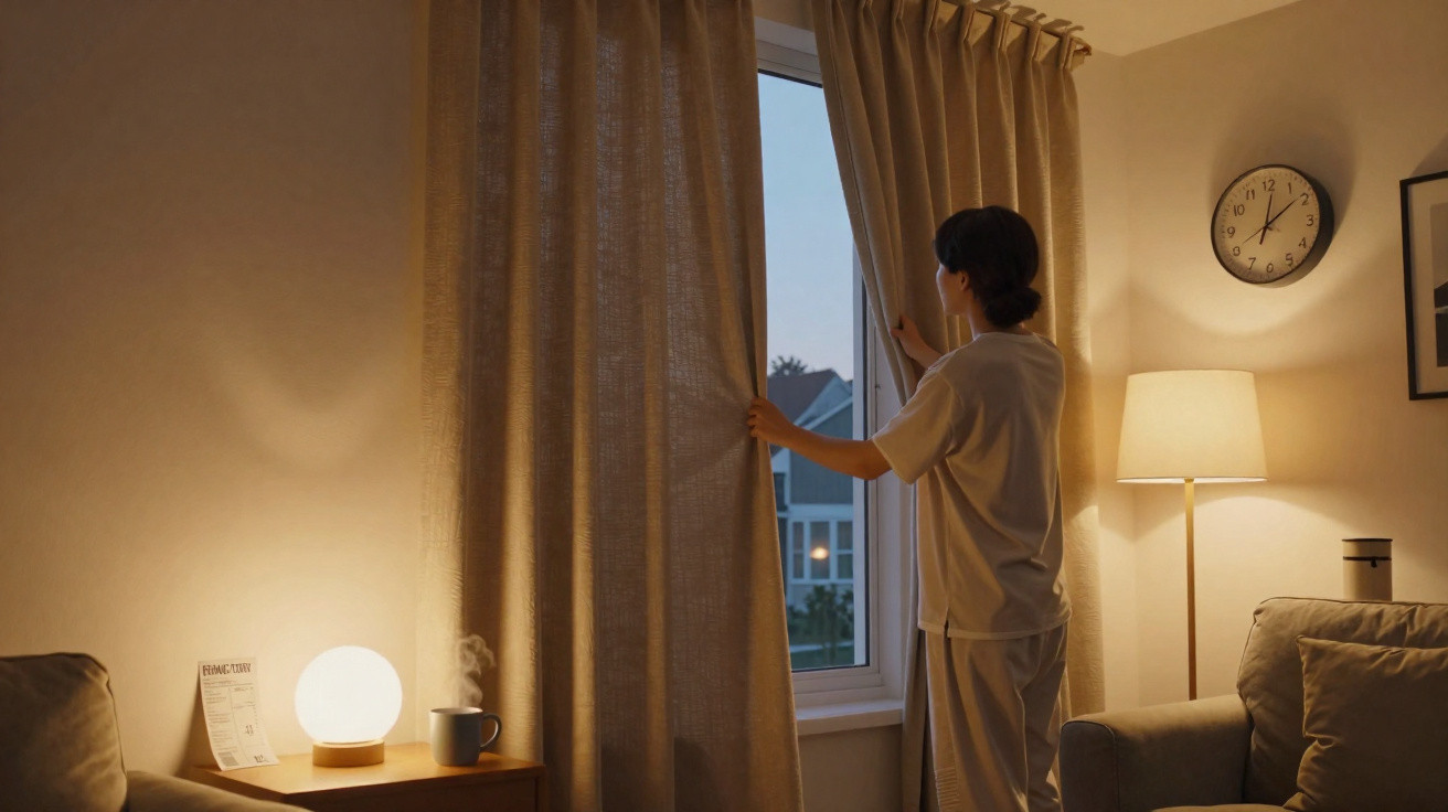 Pessoa a abrir cortinas numa sala acolhedora ao entardecer com iluminação suave e relógio na parede.