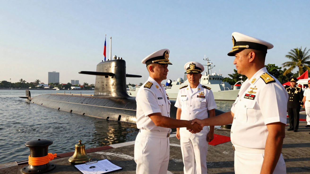Dois oficiais navais apertam as mãos no cais, com submarino e navio ao fundo sob céu limpo.