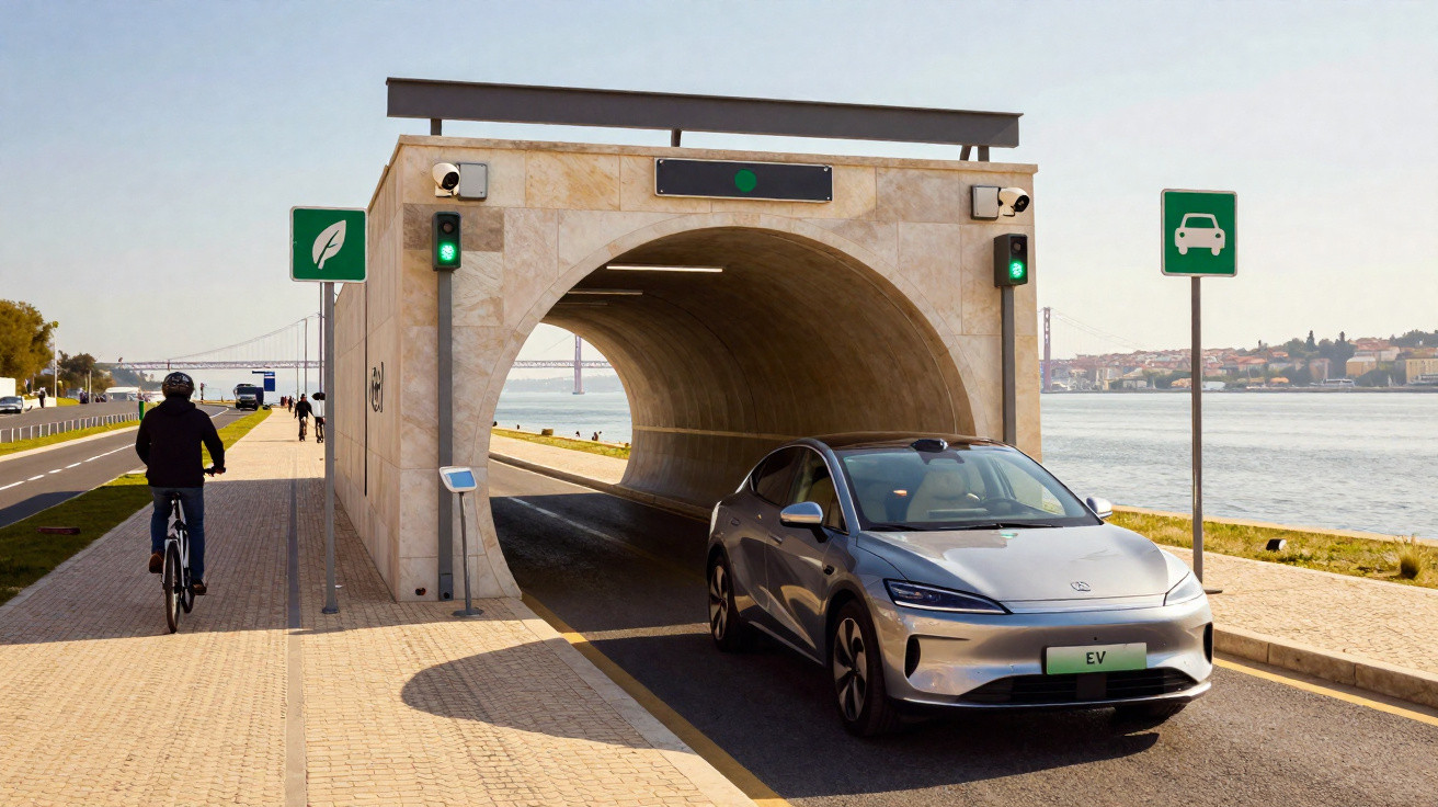 Carro elétrico a passar por túnel à beira rio com ciclista numa ciclovia ao lado, sob céu limpo.