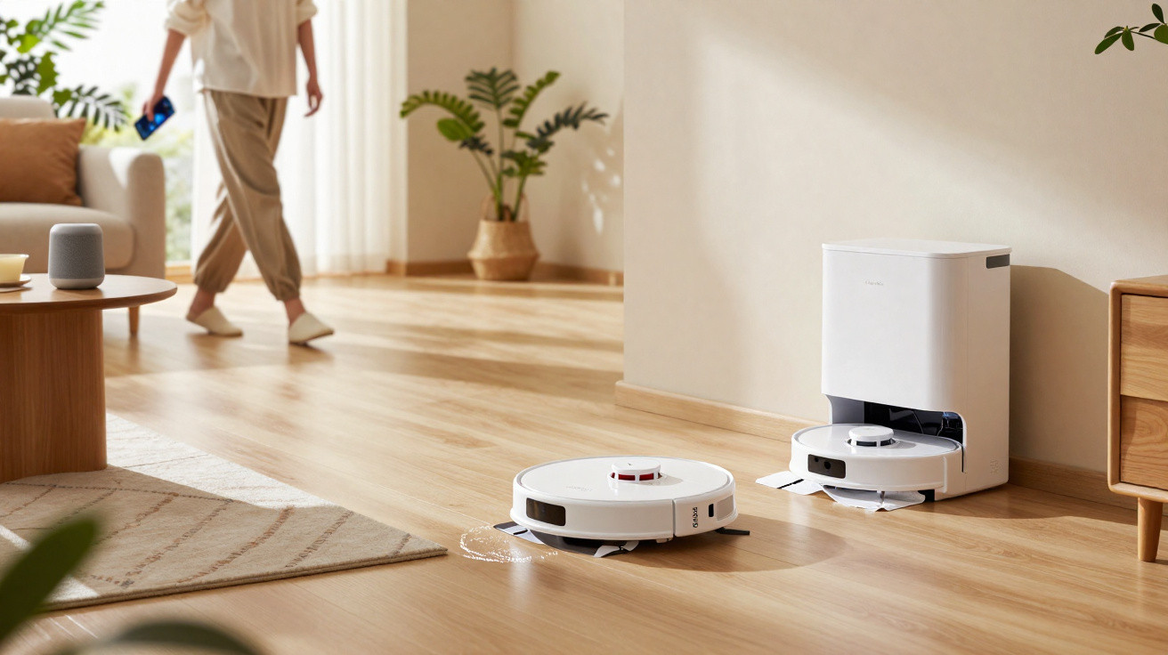 Robô aspirador automático a limpar chão de madeira numa sala com sofá e planta.