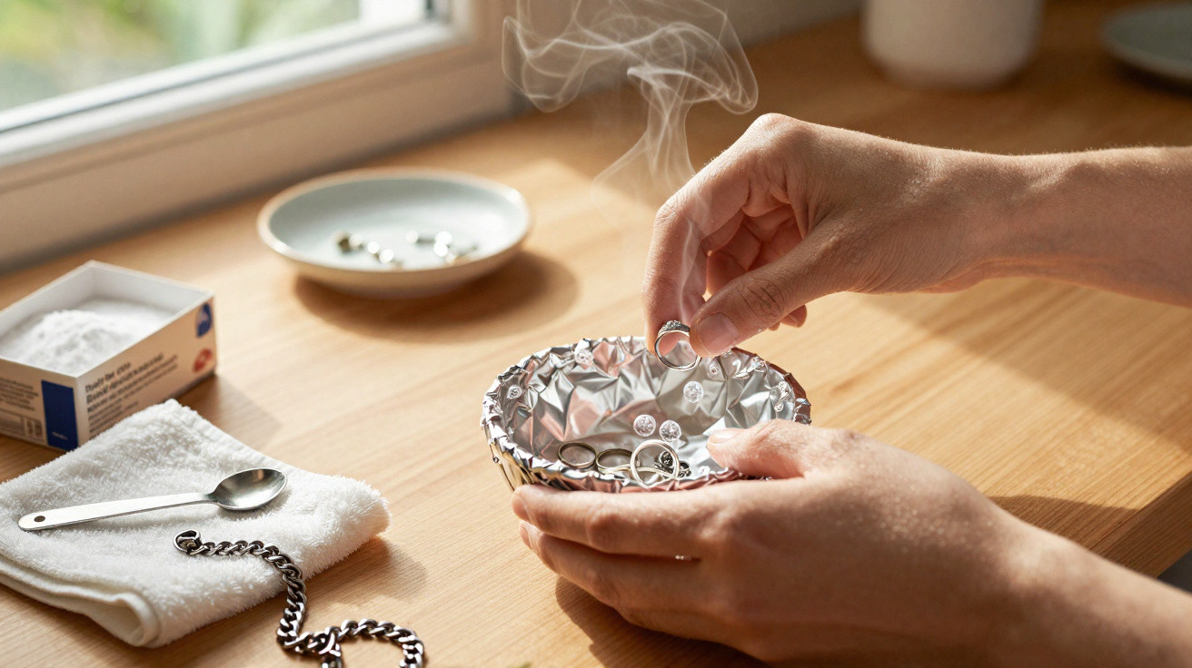 Mãos a mergulhar joias num recipiente com alúmen para limpeza, numa mesa de madeira perto de uma janela.