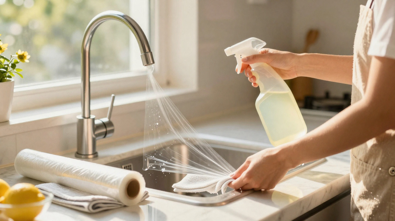 Pessoa a limpar a torneira da cozinha com spray e pano, luz natural e utensílios na bancada.