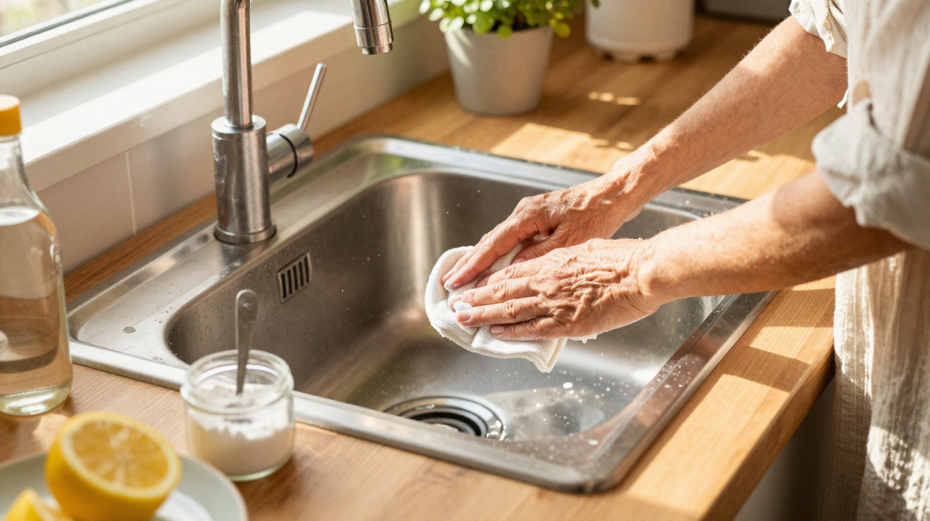Mãos a limpar uma pia de cozinha em aço inox com um pano branco, com limão e vinagre na bancada.
