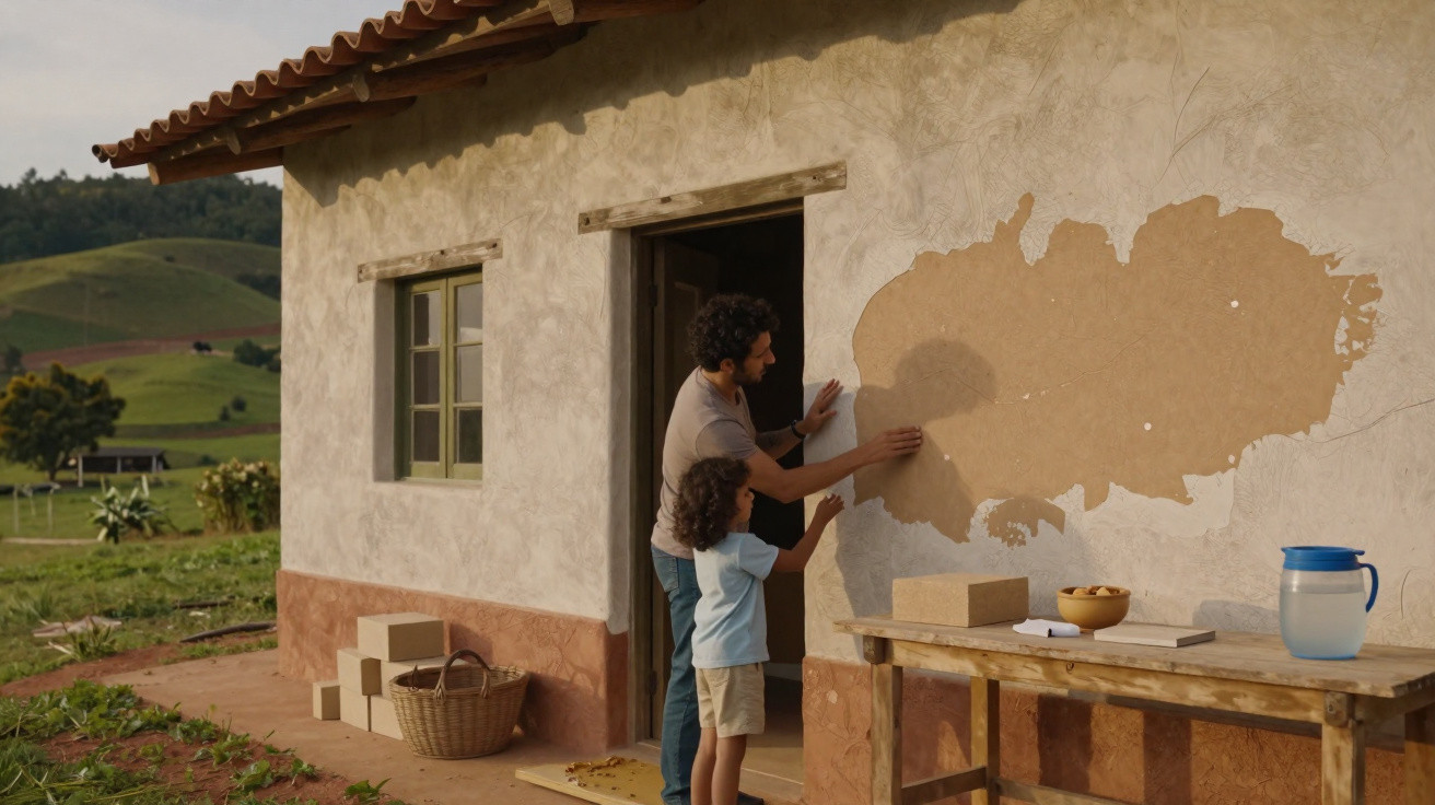 Homem e criança a preparar parede exterior de casa para pintura em área rural.