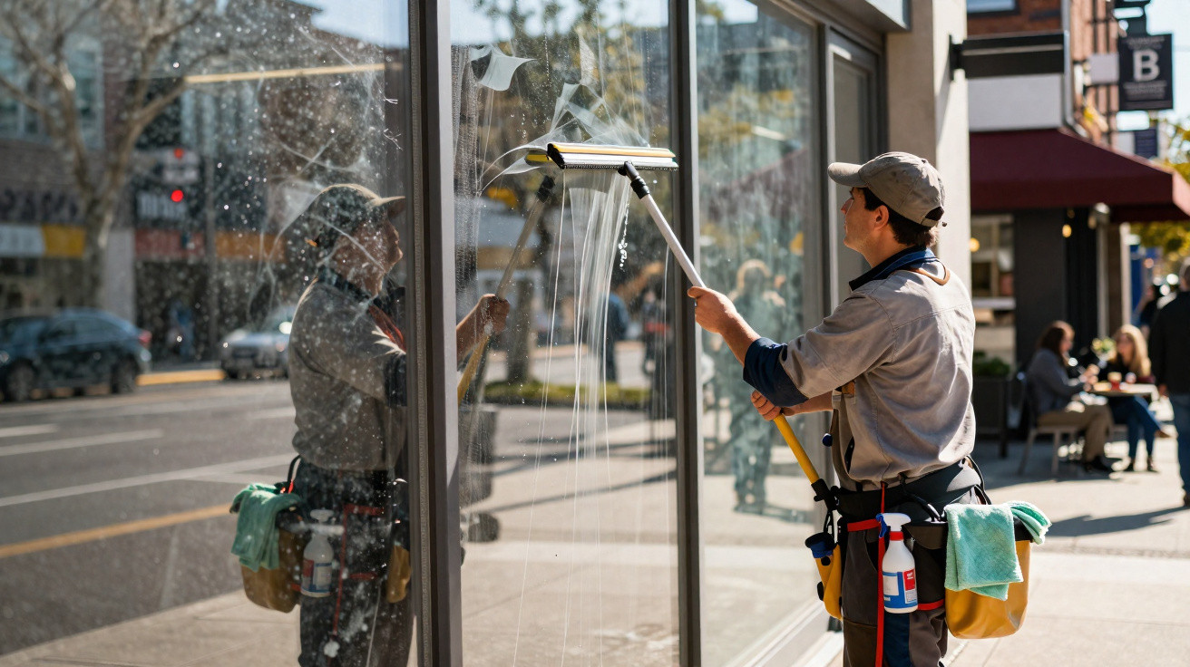 Trabalhador a limpar uma grande montra de vidro numa rua movimentada com utensílios de limpeza à cintura.