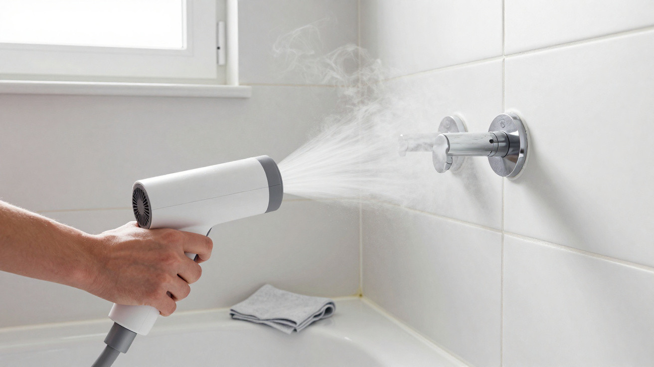 Pessoa a limpar torneira de casa de banho com vaporizador de mão branco.
