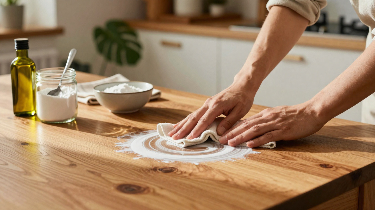 Mãos a limpar pó branco de madeira clara na cozinha com pano, jarro, azeite e tigela ao fundo.