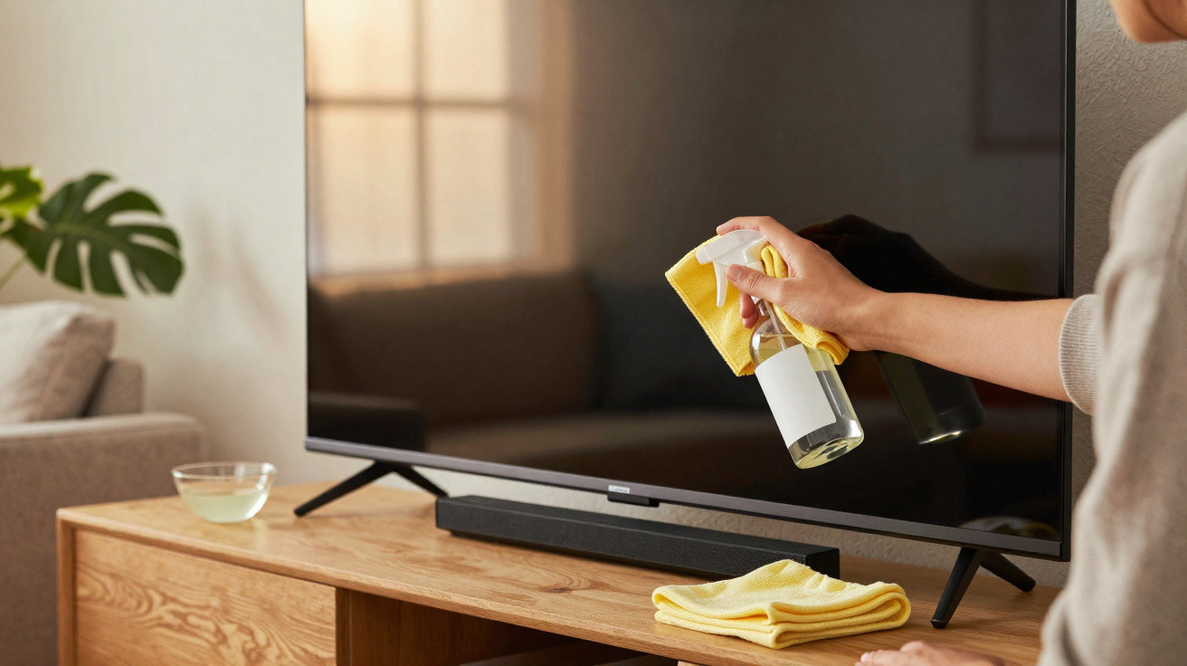Pessoa a limpar um ecrã de televisão com um pano amarelo e spray, numa sala com sofá e planta.