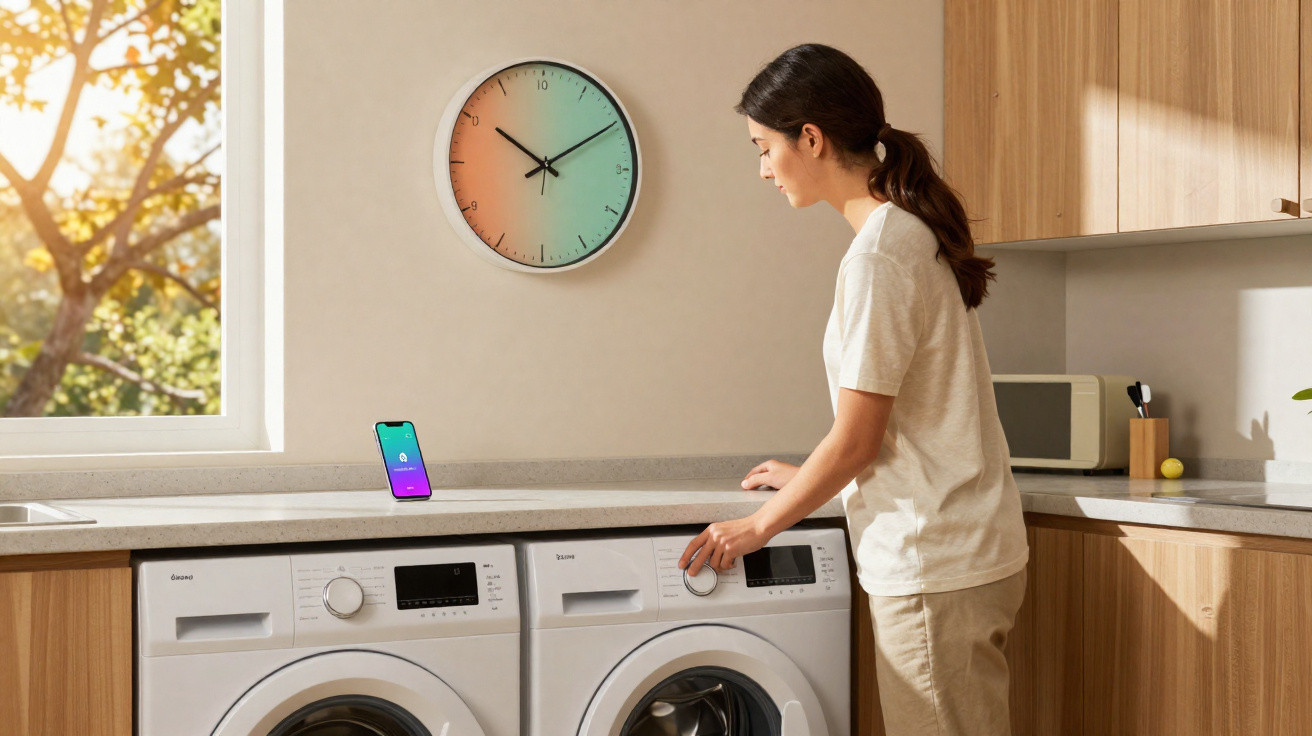 Mulher a ajustar máquina de lavar roupa numa cozinha moderna com relógio na parede e telefone sobre a bancada.