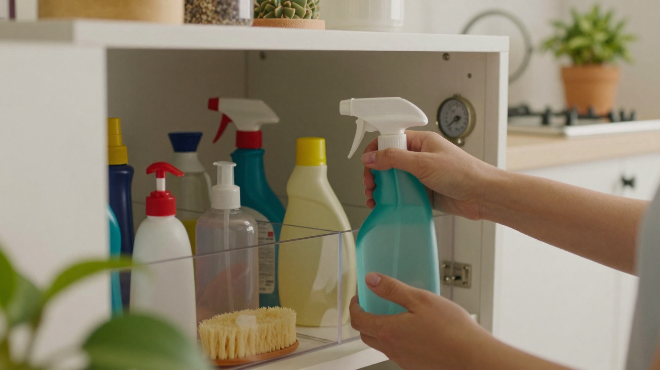 Mãos a guardarem frasco de spray azul em armário com vários produtos de limpeza e escova.