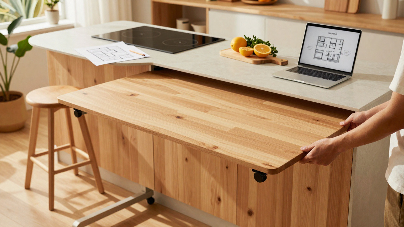 Mãos a puxar mesa extensível de madeira numa cozinha moderna com laptop e frutas sobre o balcão.