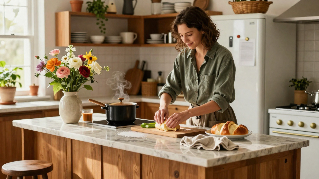 Mulher a preparar comida numa cozinha luminosa com flores e utensílios num balcão de madeira.