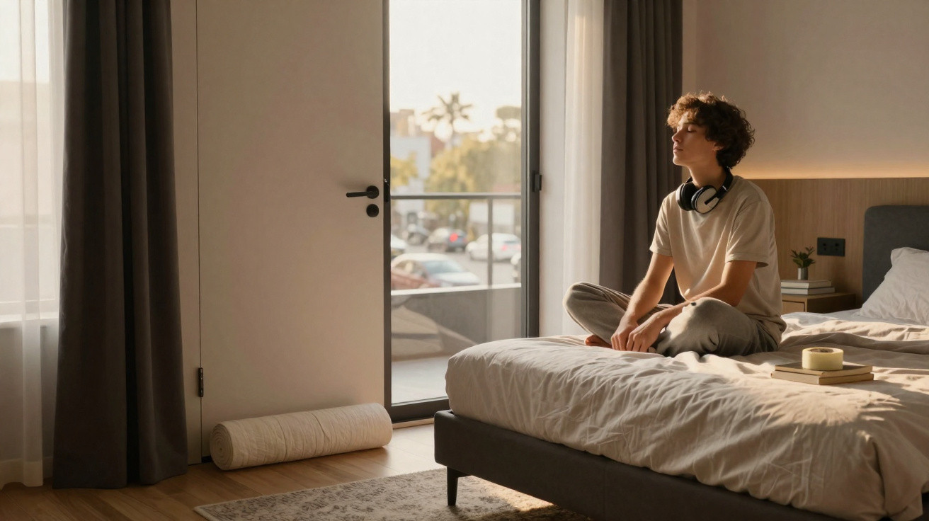 Rapaz sentado na cama a olhar pela janela numa sala com luz natural e decoração minimalista.
