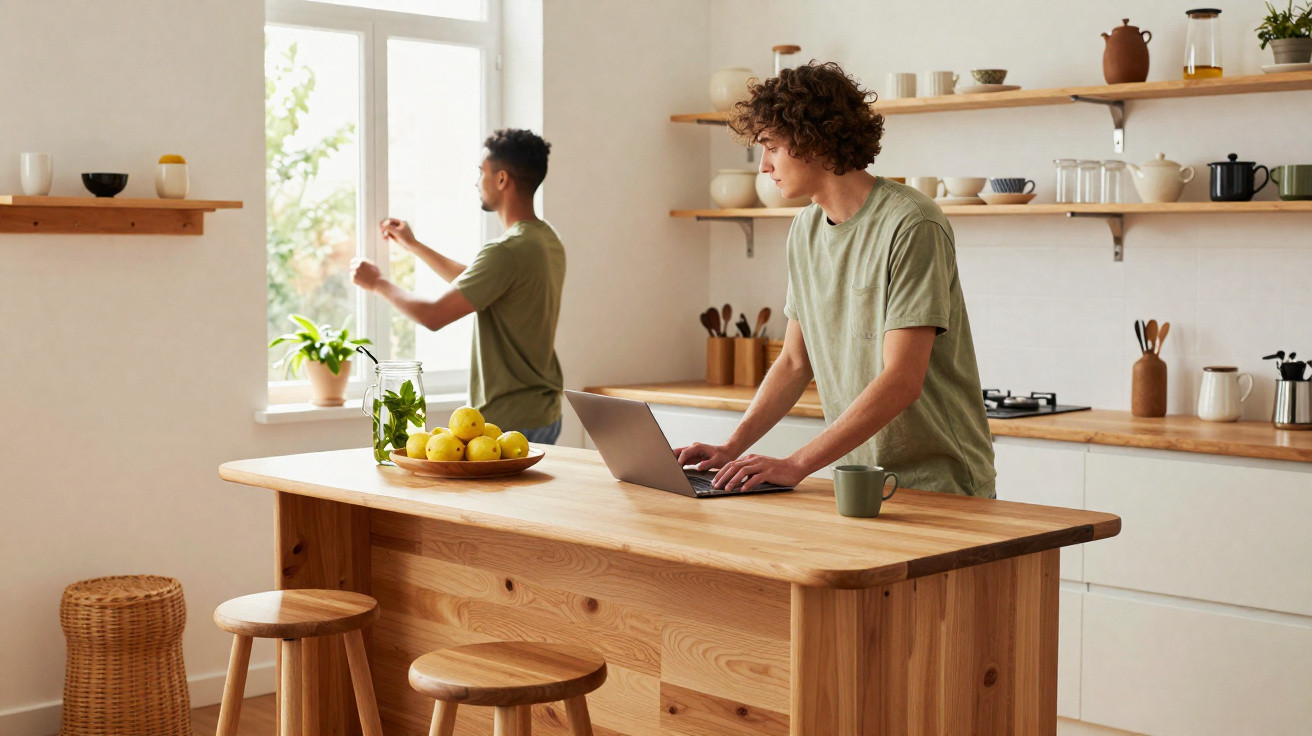Dois homens em cozinha moderna, um a abrir a janela e outro a trabalhar num portátil.