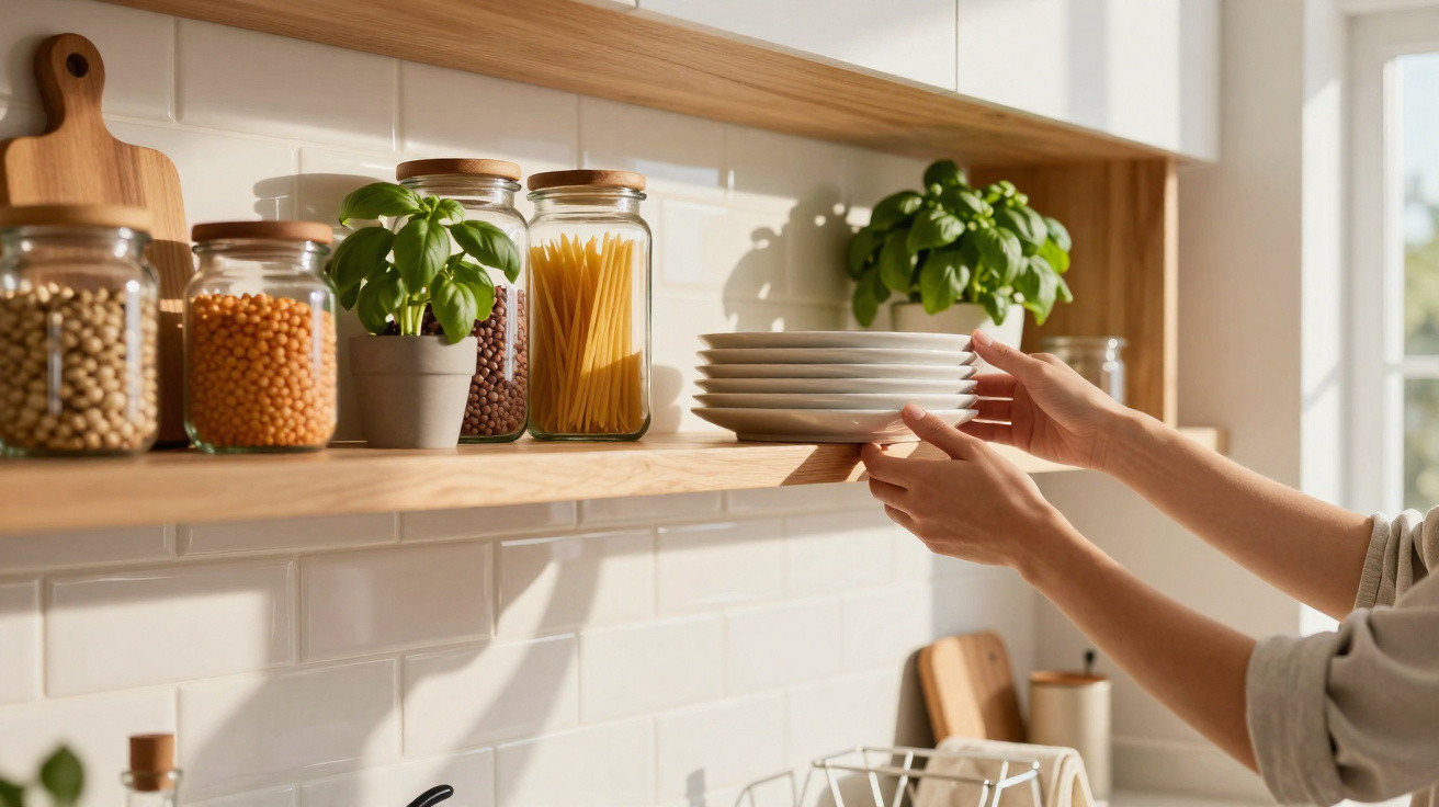 Mãos a colocar pratos num prateleira de cozinha com frascos de leguminosas, massa e plantas aromáticas.