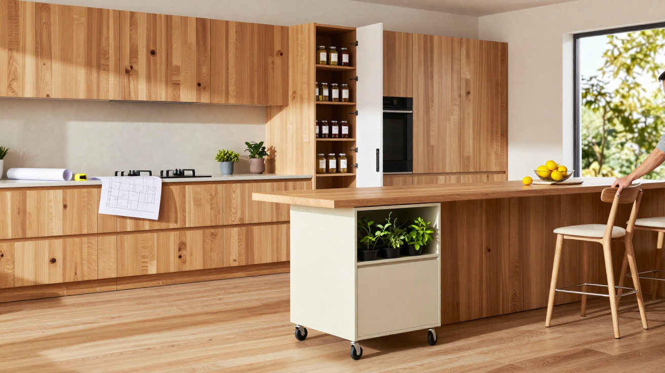 Cozinha moderna em madeira clara com ilha, prateleira com plantas, barras de luz natural e fruta.