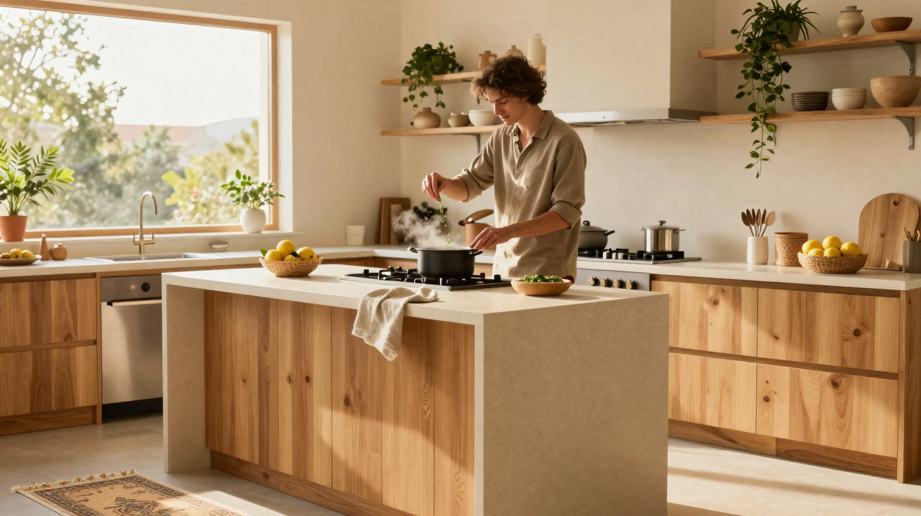 Pessoa a cozinhar numa cozinha moderna com armários de madeira clara e luz natural abundante.
