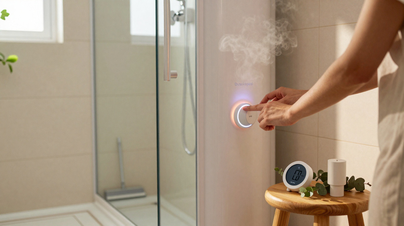 Pessoa a ajustar controle de duche elétrico, com vapor visível e acessórios de banho numa casa de banho moderna.