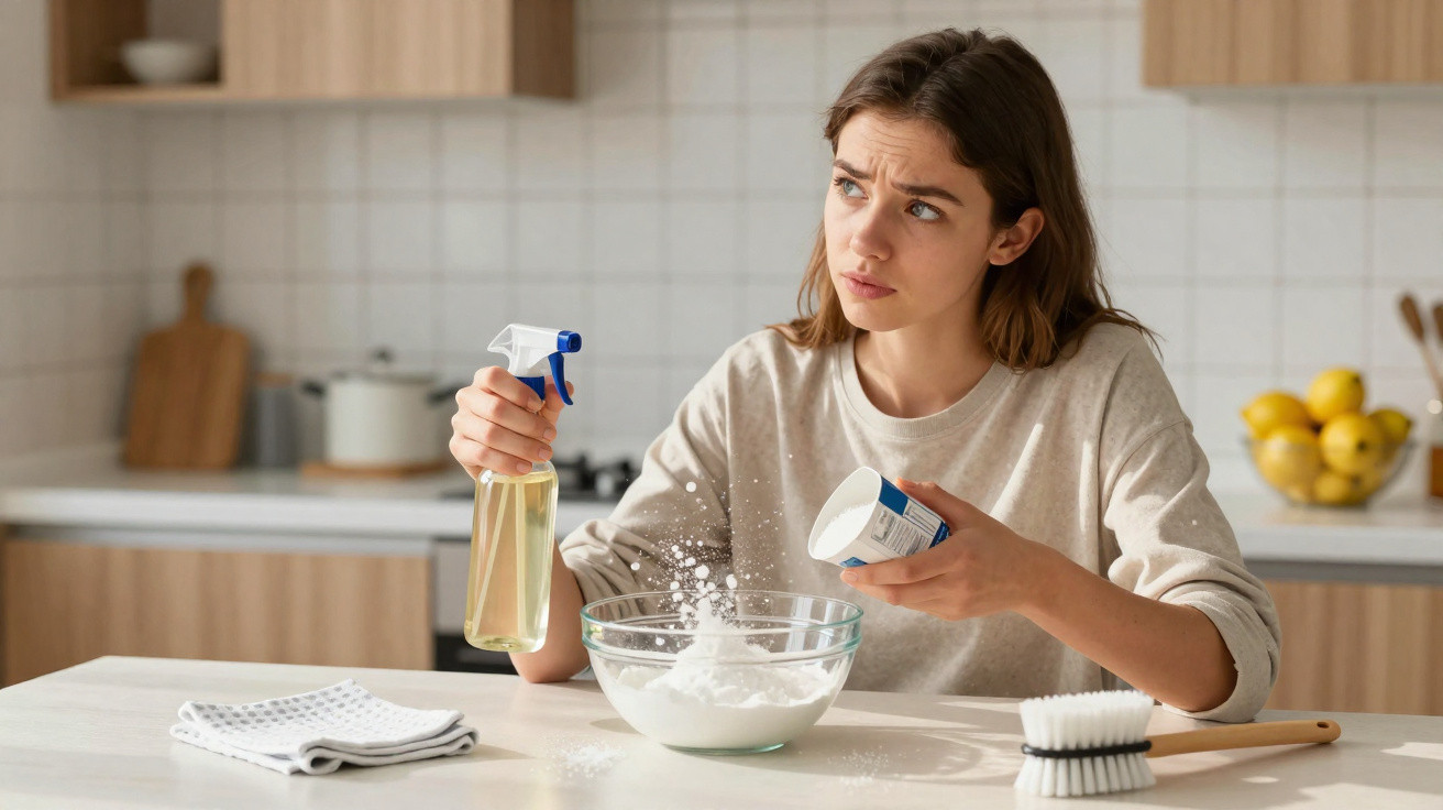 Mulher na cozinha derrama pó branco numa taça enquanto segura frasco pulverizador com expressão confusa.