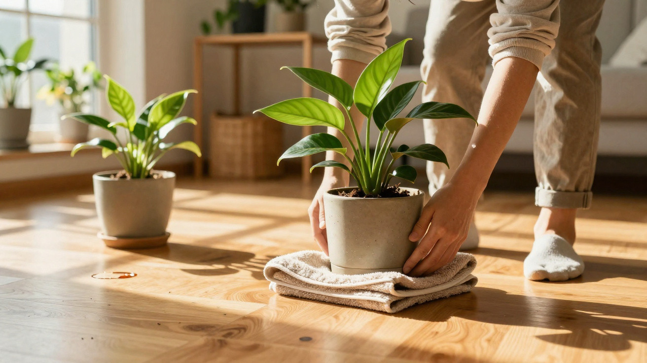 Mãos a colocar vaso com planta sobre toalha no chão de madeira numa sala iluminada.