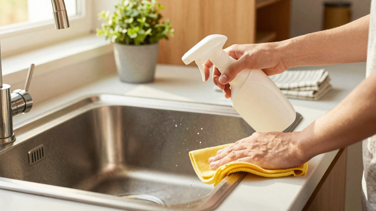 Pessoa a limpar uma banca de cozinha em aço inox com um pano amarelo e spray de limpeza branco.