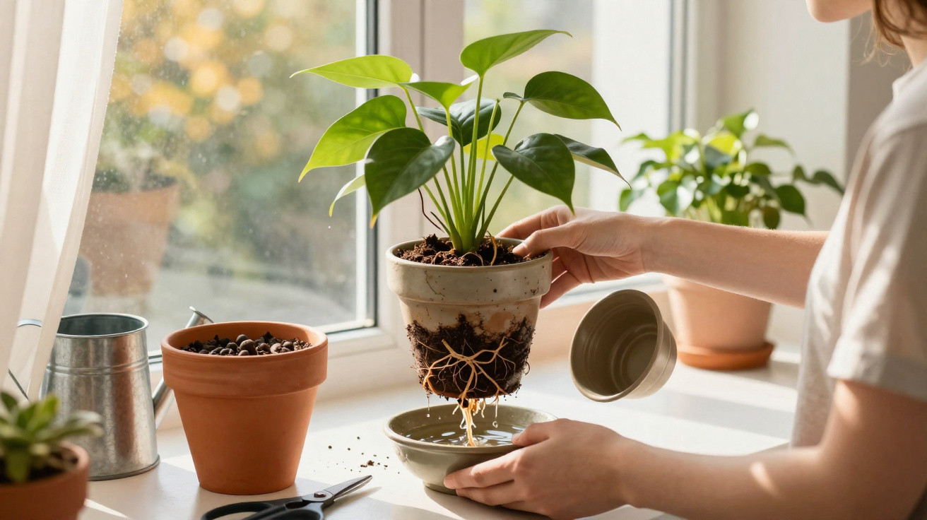 Pessoa transplantando planta com raízes expostas numa jarra junto a janela iluminada pela luz natural.