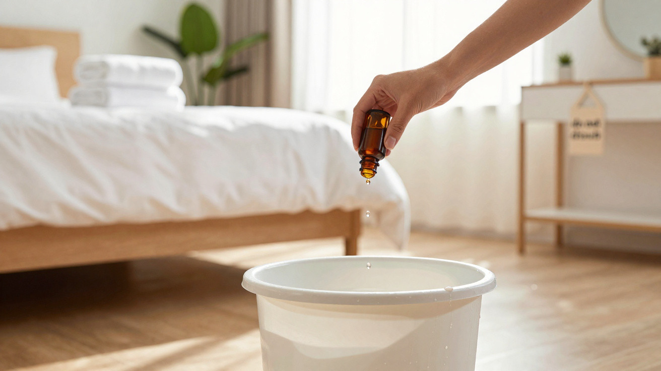 Pessoa a despejar gotas de óleo essencial numa bacia branca num quarto com cama e toalhas dobradas ao fundo.