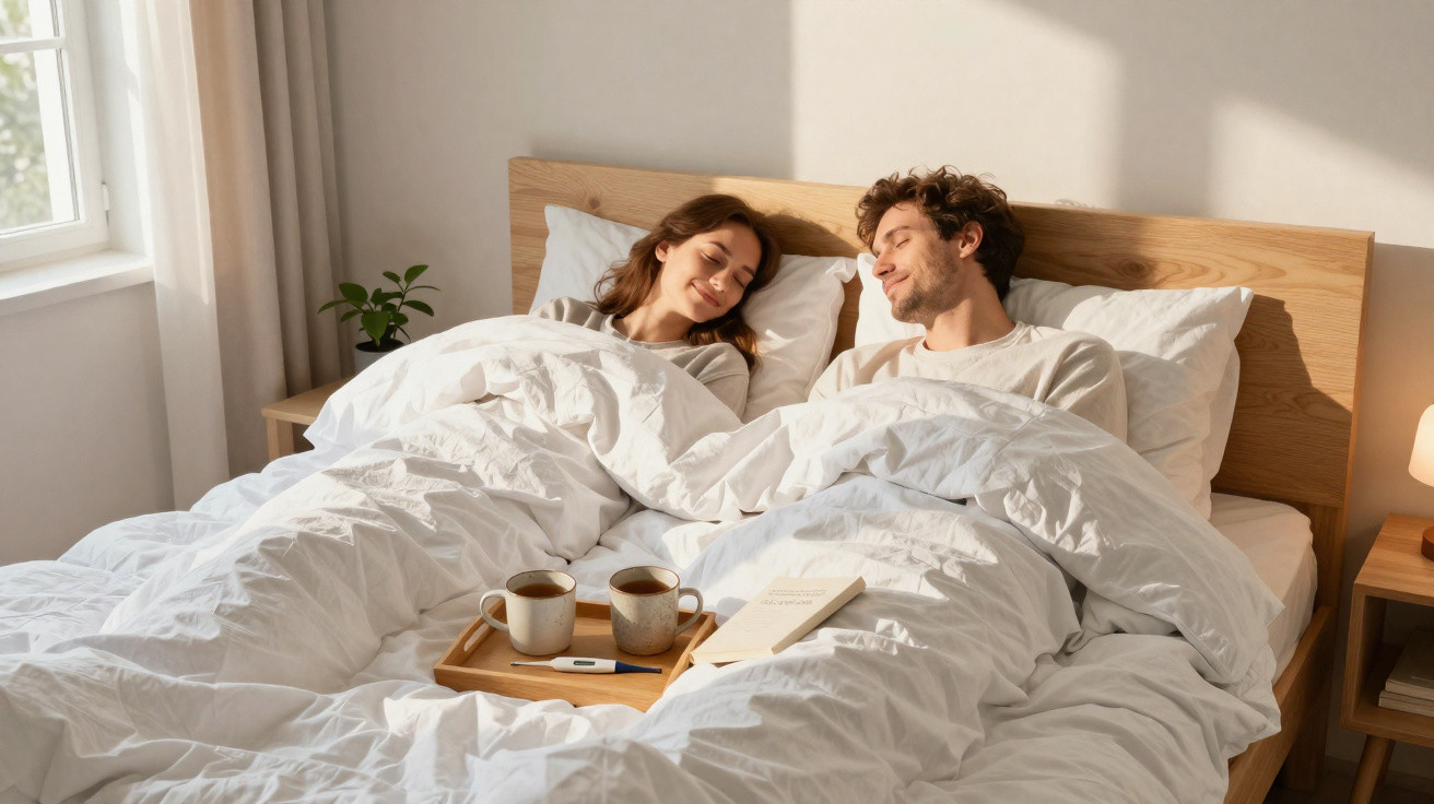 Casal deitado na cama com lençóis brancos, olhando-se sorrindo, com chá e livro numa bandeja.