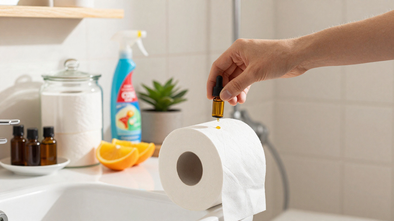 Mão a colocar gotas de óleo essencial num rolo de papel higiénico numa casa de banho com ingredientes naturais ao fundo.