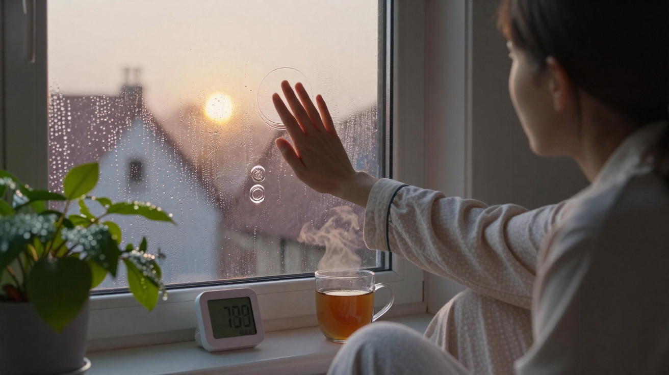 Pessoa com pijama a tocar janela com gotas de chuva, chá a vapor e planta numa manhã fria e enevoada.