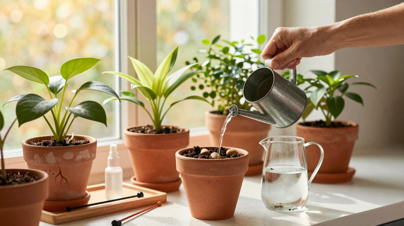Pessoa a regar plantas em vasos de barro numa janela com luz natural suave.