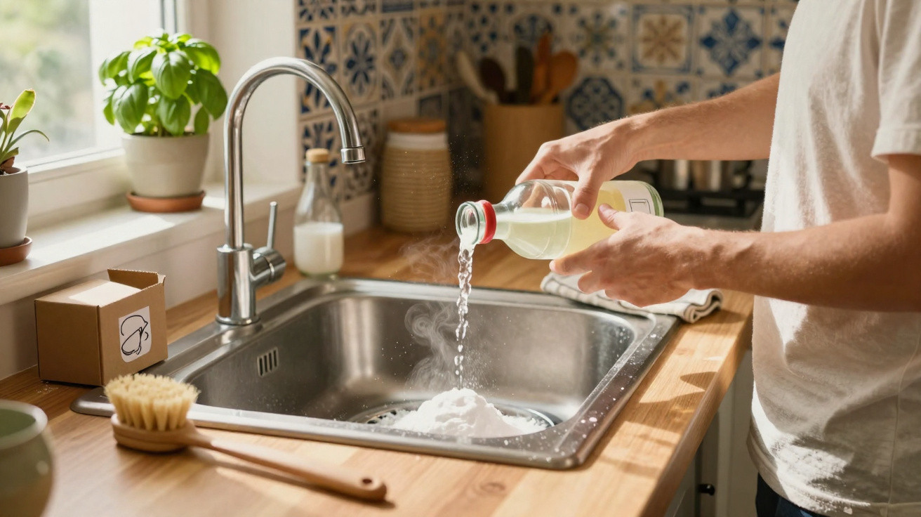 Pessoa a verter líquido numa pia de cozinha com azulejos decorativos e plantas no peitoril da janela
