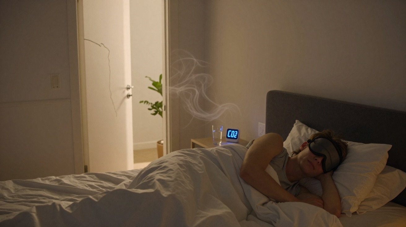 Pessoa a dormir com máscara, num quarto escuro, com monitor de CO2 e porta entreaberta com planta visível.