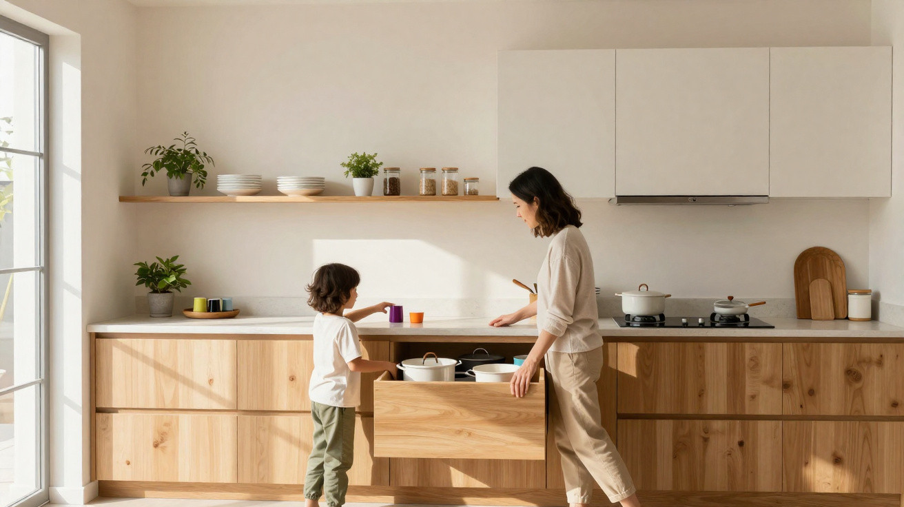 Mãe e filho na cozinha moderna com armários de madeira a guardar panelas na gaveta.