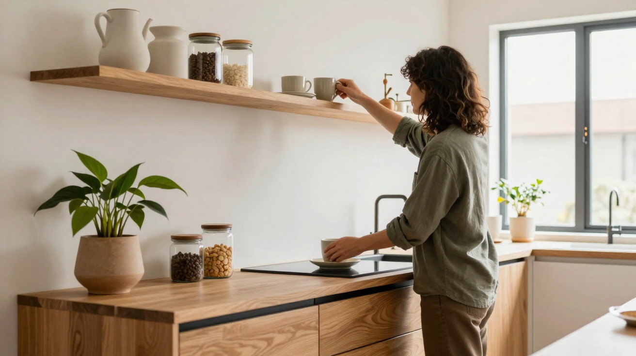 Mulher a apanhar chávena numa cozinha moderna com prateleira de madeira e luz natural pela janela.