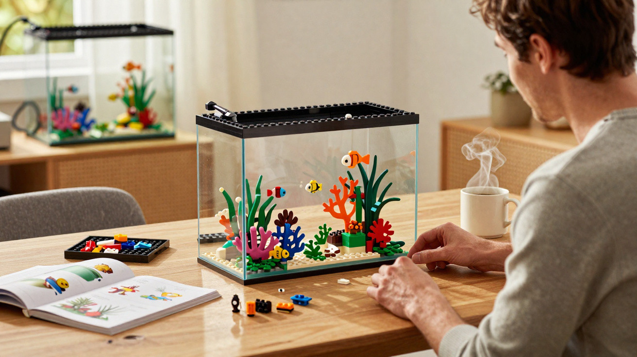 Homem a montar aquário de peças de construção coloridas numa mesa com manual e chá quente ao lado.